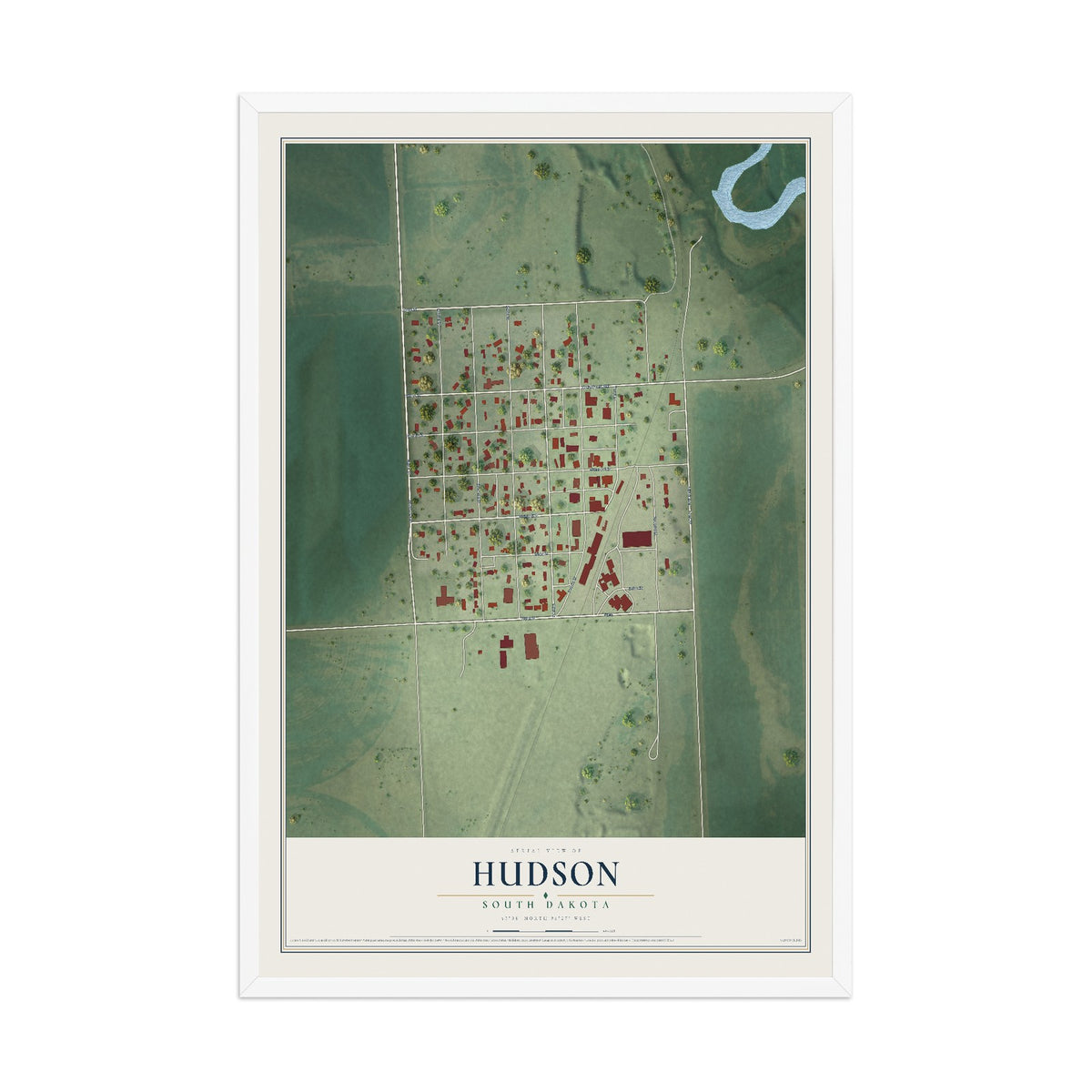 Map of Hudson, South Dakota, 12 x 18 inch print in a white wood frame