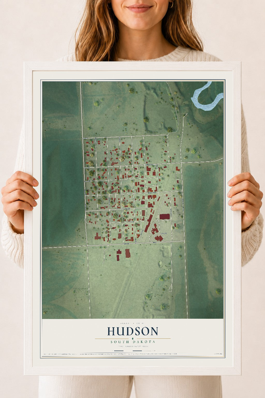 Map of Hudson, South Dakota, 18 x 24 inch print in a white wood frame