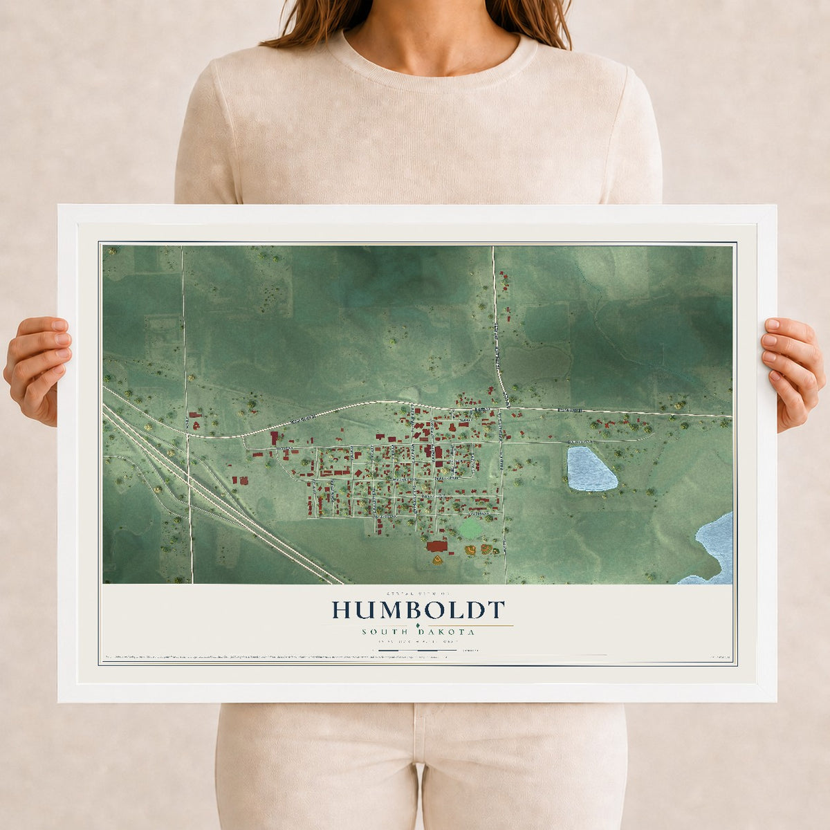 Map of Humboldt, South Dakota, 12 x 18 inch print in a white wood frame