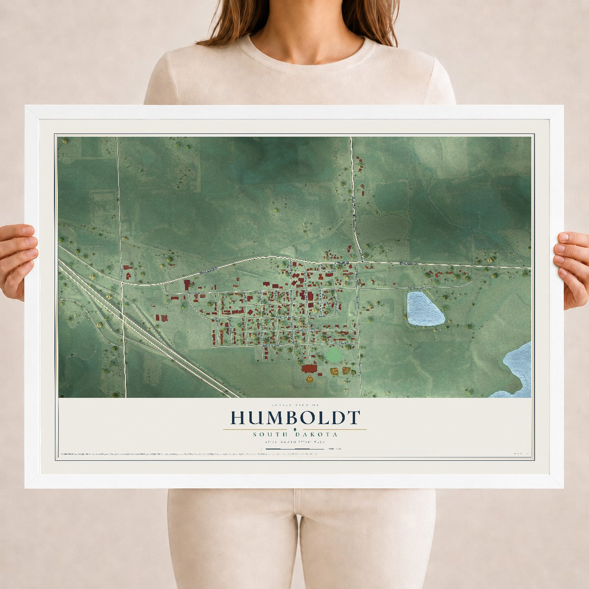 Map of Humboldt, South Dakota, 18 x 24 inch print in a white wood frame