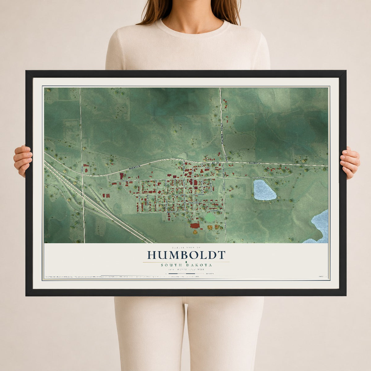 Map of Humboldt, South Dakota, 24 x 36 inch print in a black wood frame