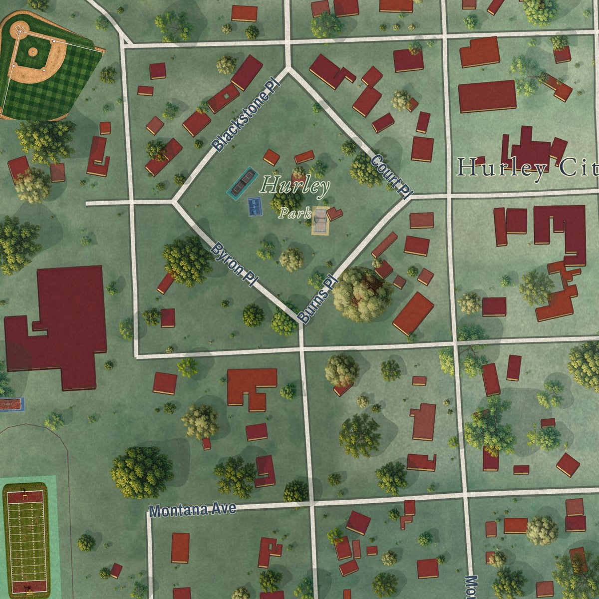 Close-up of the map of Hurley, South Dakota print showing street and building detail