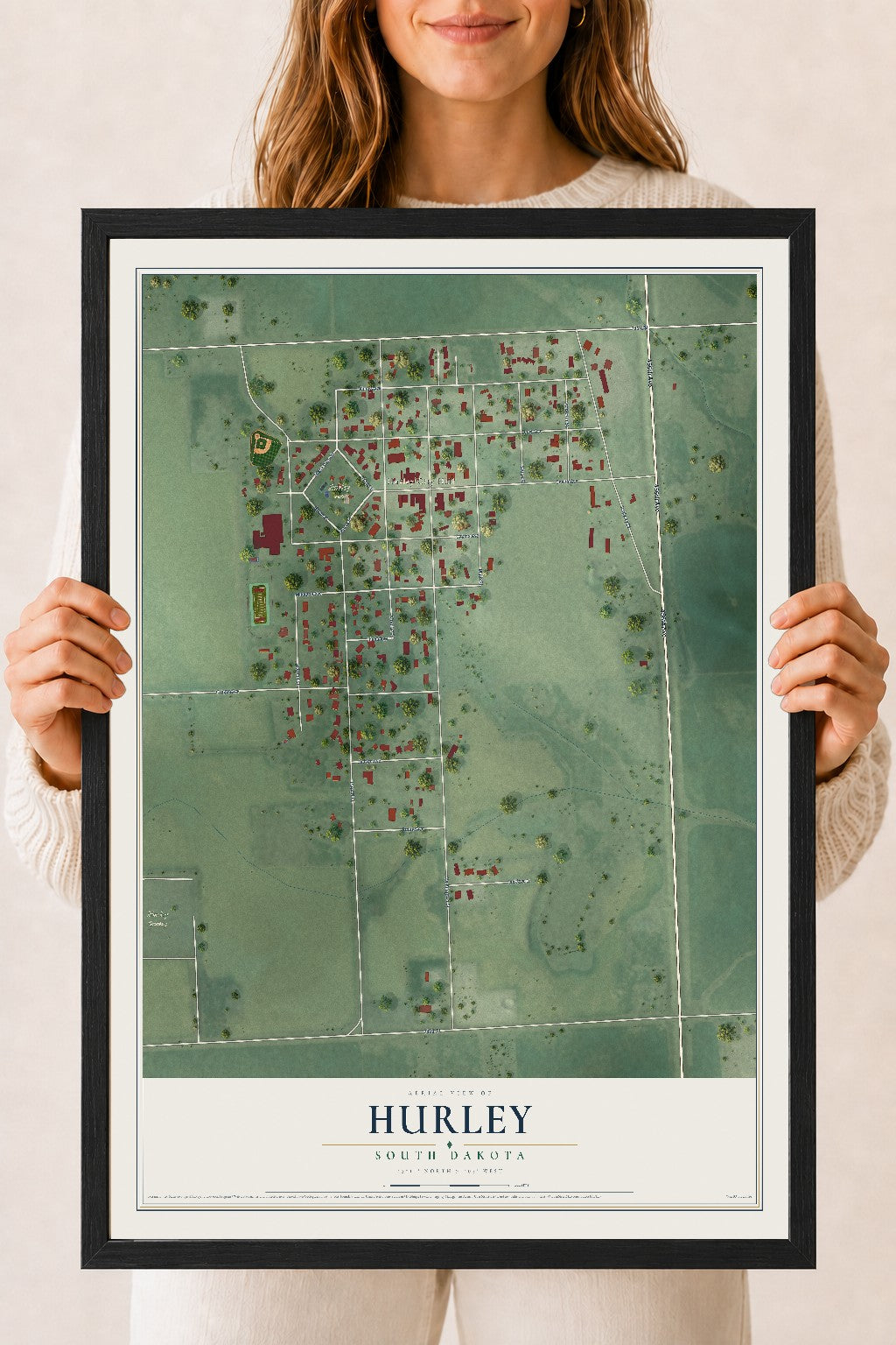 Map of Hurley, South Dakota, 18 x 24 inch print in a black wood frame