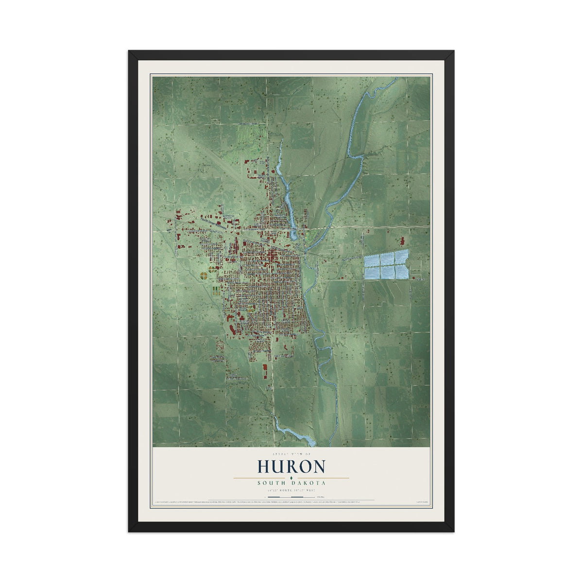 Map of Huron, South Dakota, 12 x 18 inch print in a black wood frame