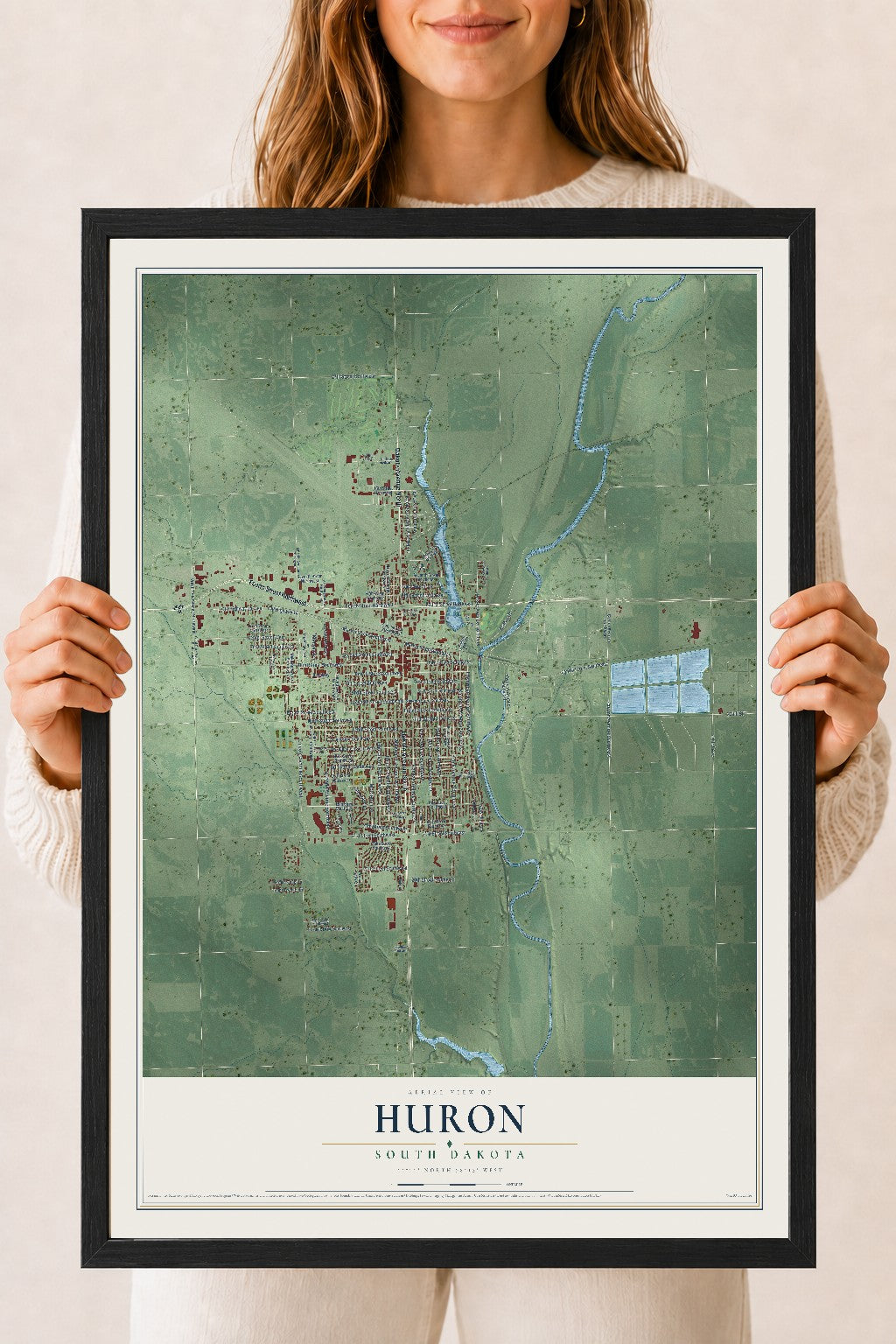 Map of Huron, South Dakota, 18 x 24 inch print in a black wood frame