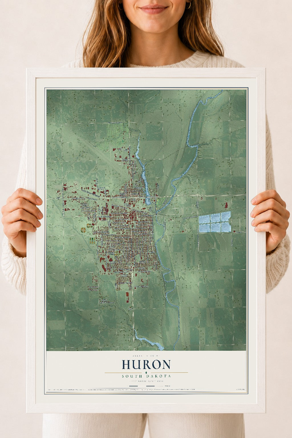 Map of Huron, South Dakota, 18 x 24 inch print in a white wood frame