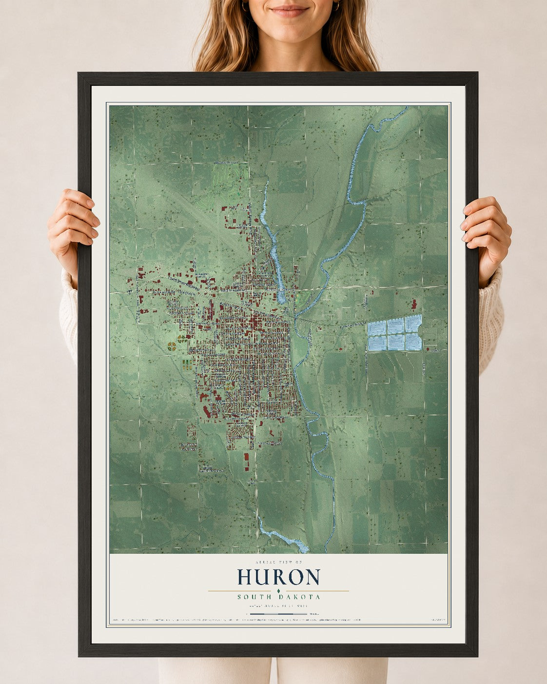 Map of Huron, South Dakota, 24 x 36 inch print in a black wood frame