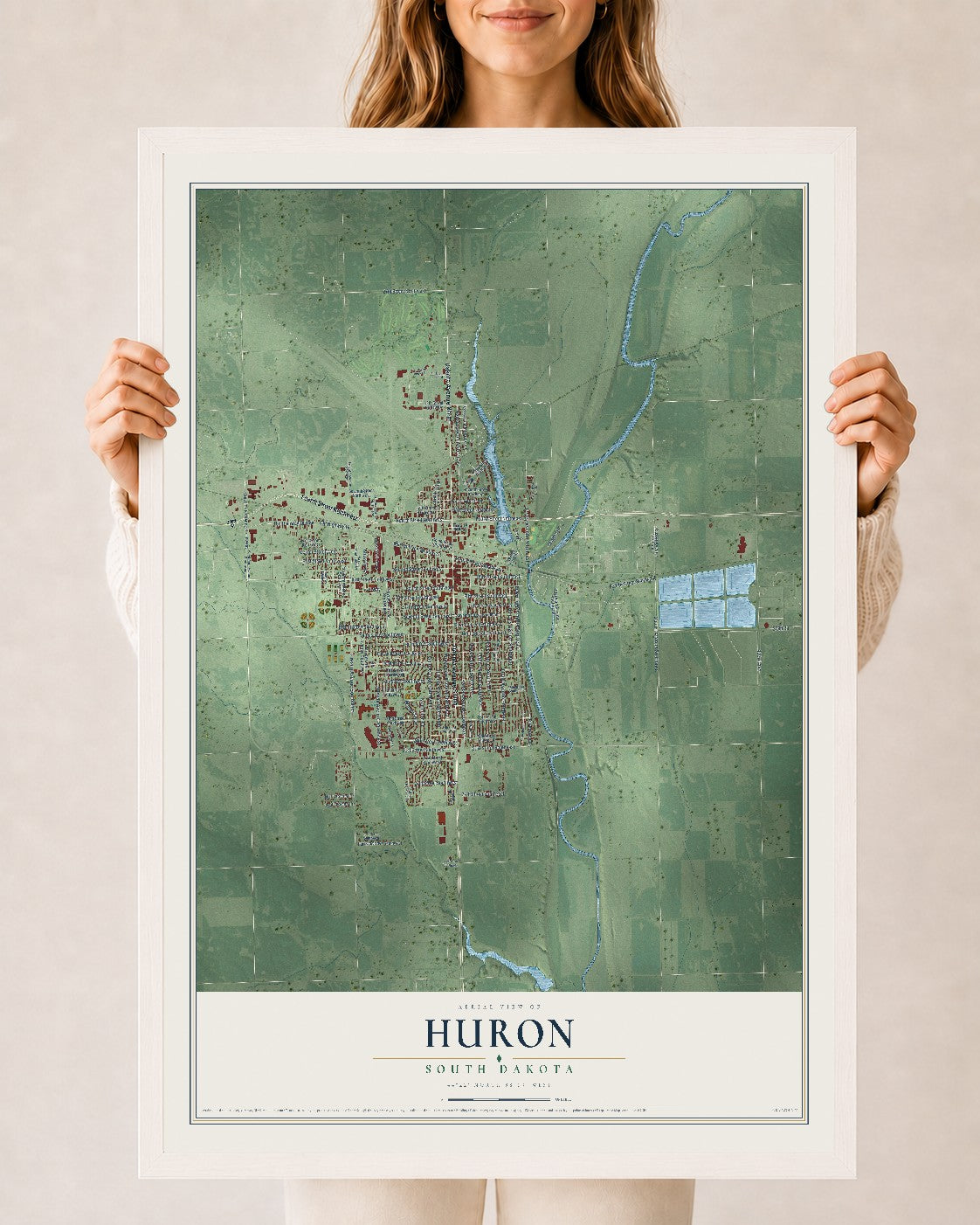 Map of Huron, South Dakota, 24 x 36 inch print in a white wood frame