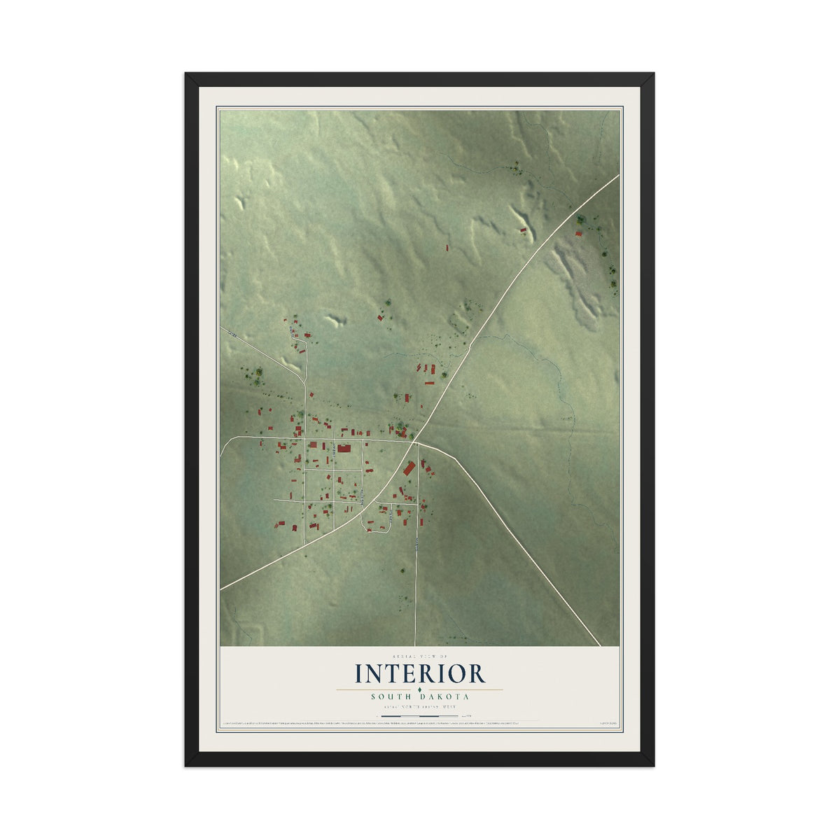 Map of Interior, South Dakota, 12 x 18 inch print in a black wood frame