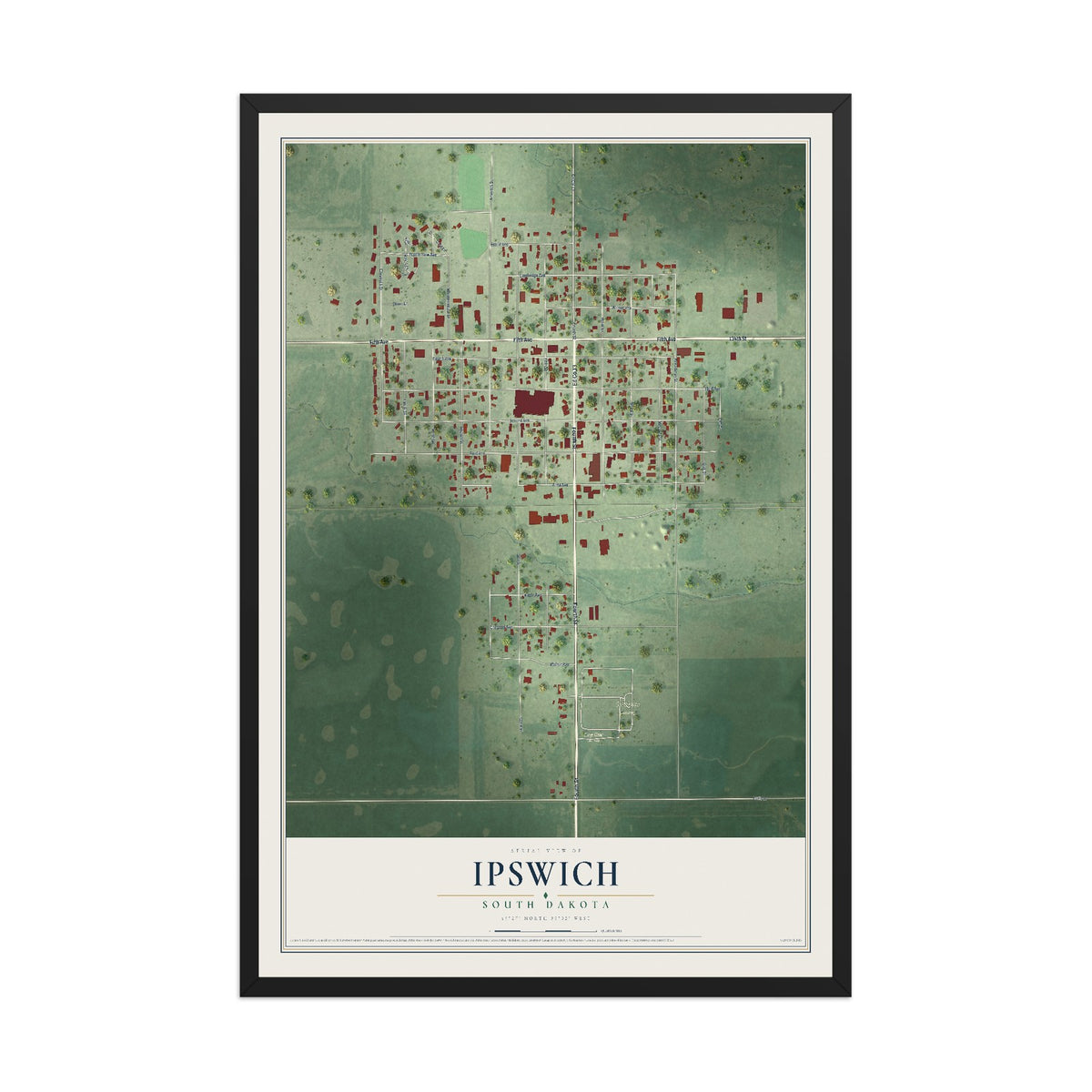 Map of Ipswich, South Dakota, 12 x 18 inch print in a black wood frame