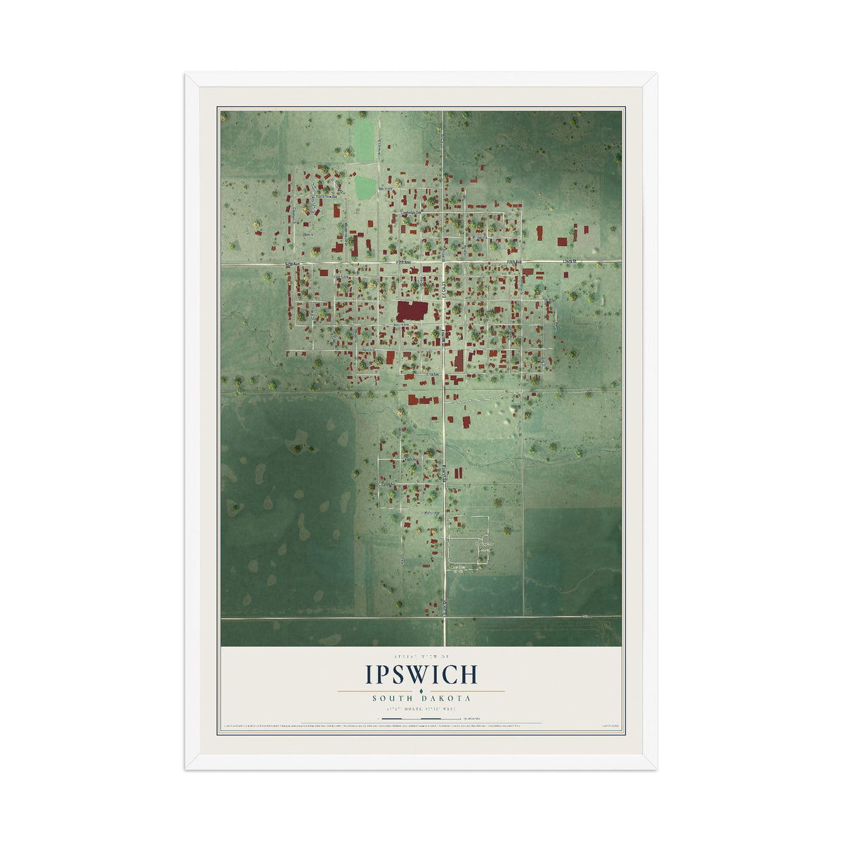 Map of Ipswich, South Dakota, 12 x 18 inch print in a white wood frame