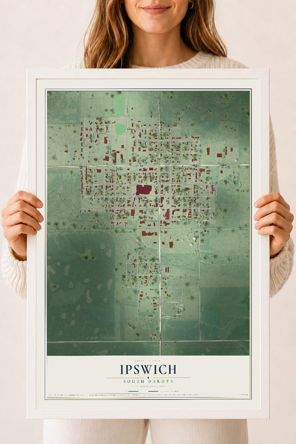 Map of Ipswich, South Dakota, 18 x 24 inch print in a white wood frame