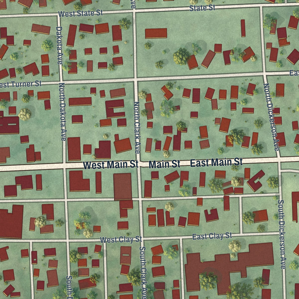 Close-up of the map of Irene, South Dakota print showing street and building detail