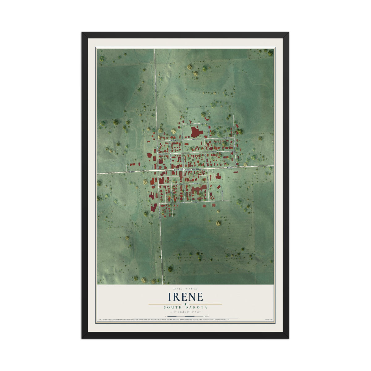 Map of Irene, South Dakota, 12 x 18 inch print in a black wood frame