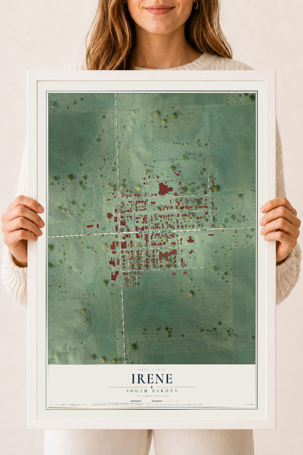 Map of Irene, South Dakota, 18 x 24 inch print in a white wood frame
