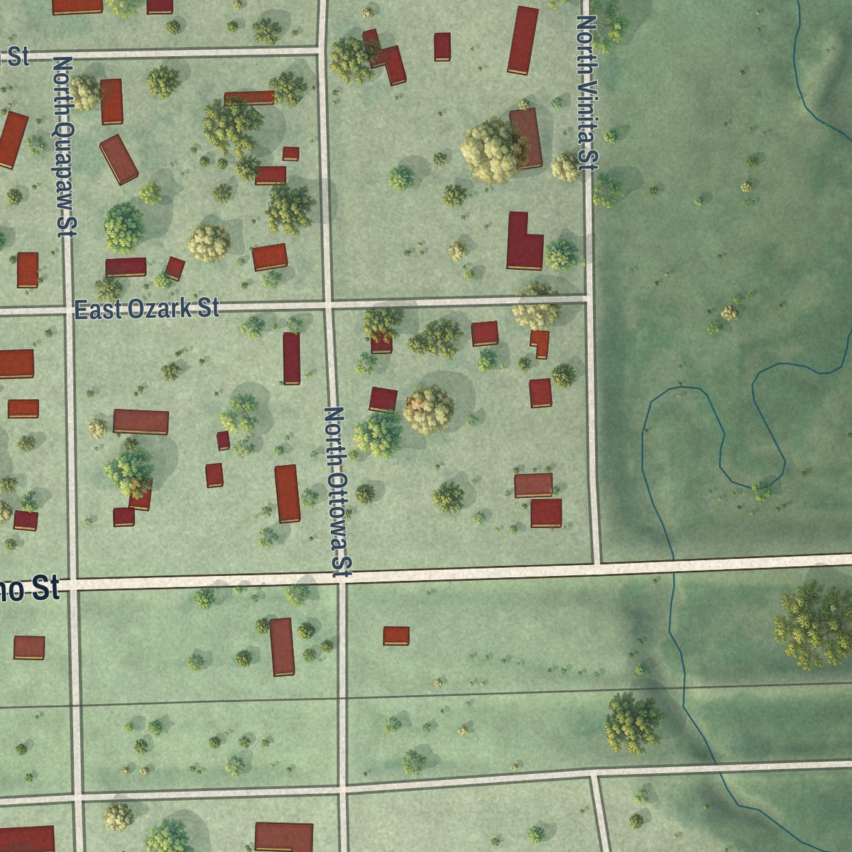 Second close-up of the map of Iroquois, South Dakota print showing more streets and buildings