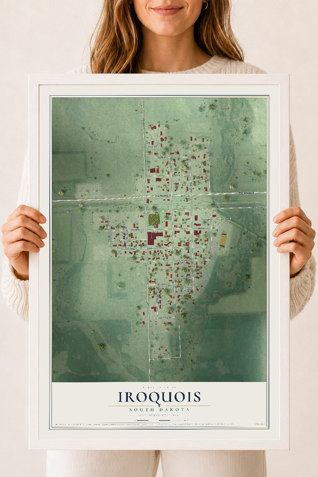 Map of Iroquois, South Dakota, 18 x 24 inch print in a white wood frame