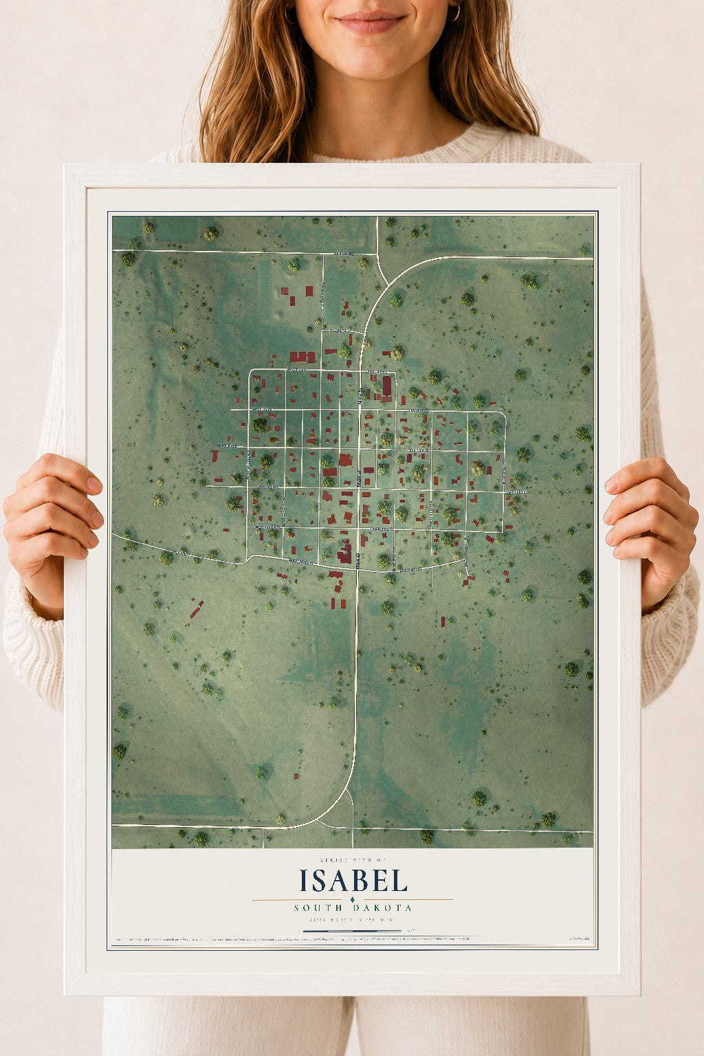 Map of Isabel, South Dakota, 18 x 24 inch print in a white wood frame