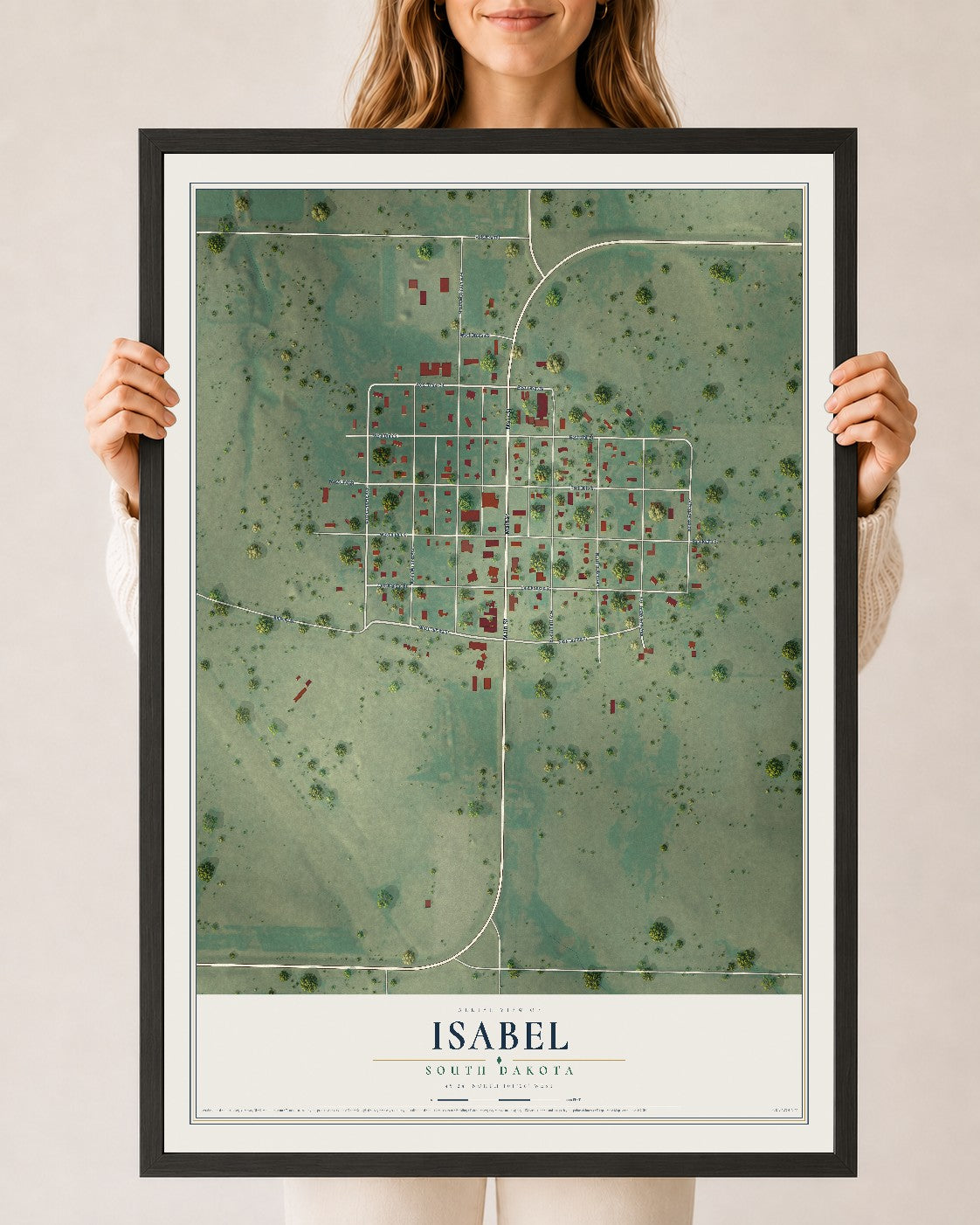 Map of Isabel, South Dakota, 24 x 36 inch print in a black wood frame