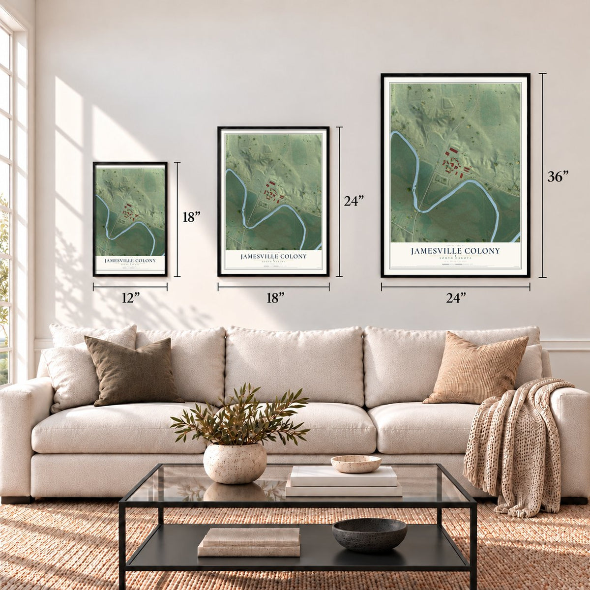 Jamesville Colony, South Dakota map in 12 x 18, 18 x 24 and 24 x 36 inch sizes above a sofa