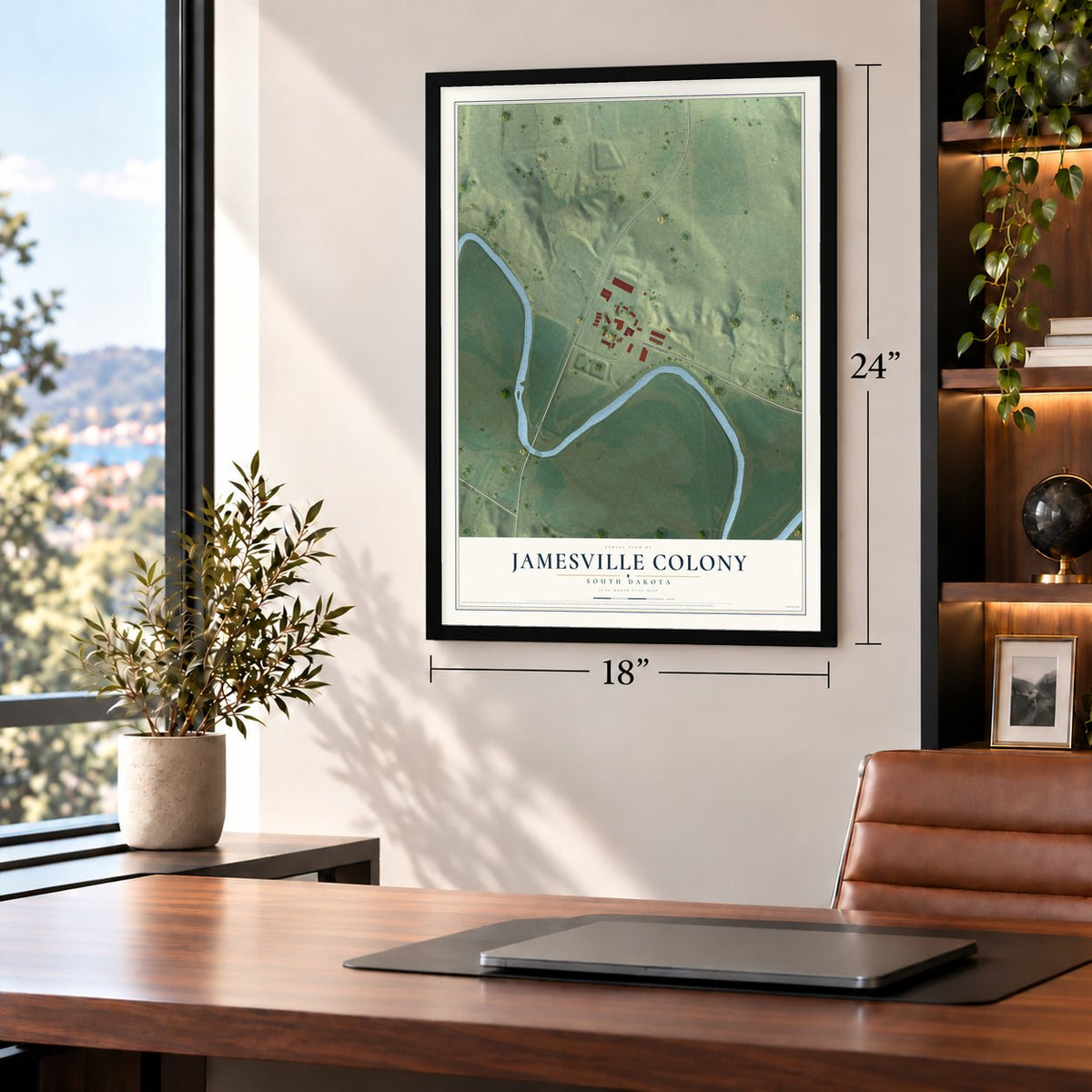 Jamesville Colony, South Dakota map, 18 x 24 inch print in a black frame in a home office