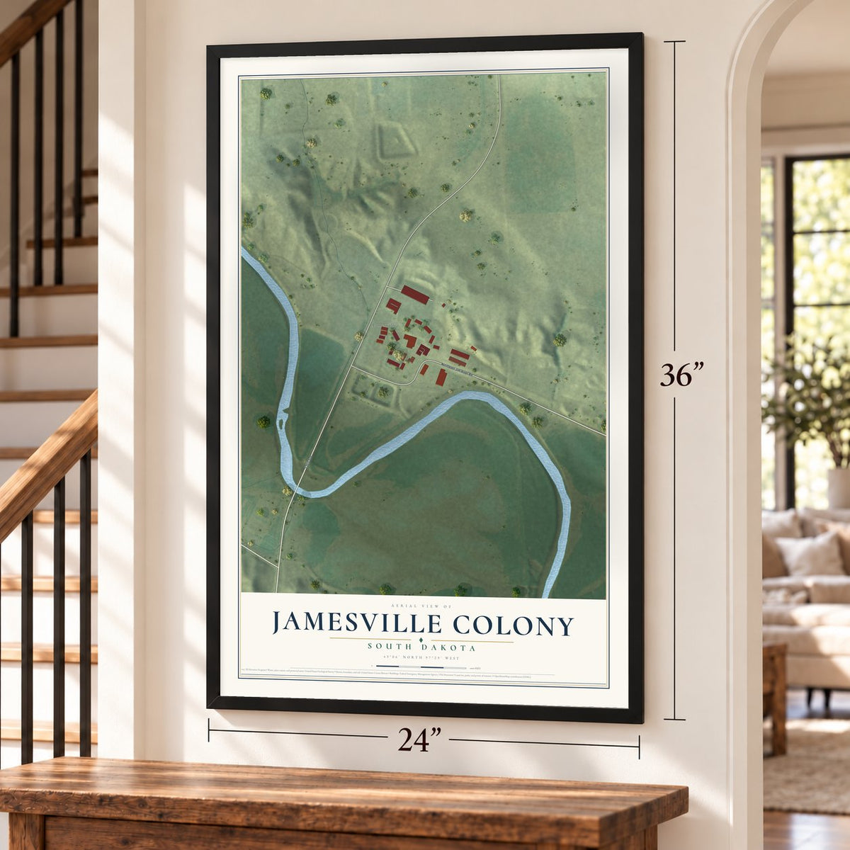 Jamesville Colony, South Dakota map, 24 x 36 inch print in a black frame by a staircase