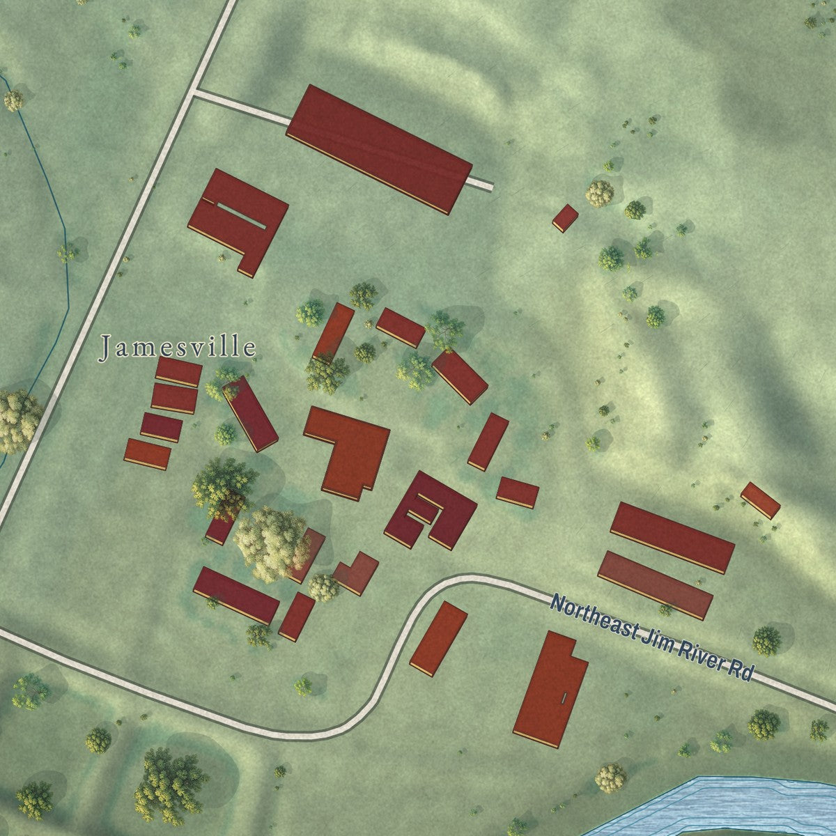Close-up of the map of Jamesville Colony, South Dakota print showing street and building detail