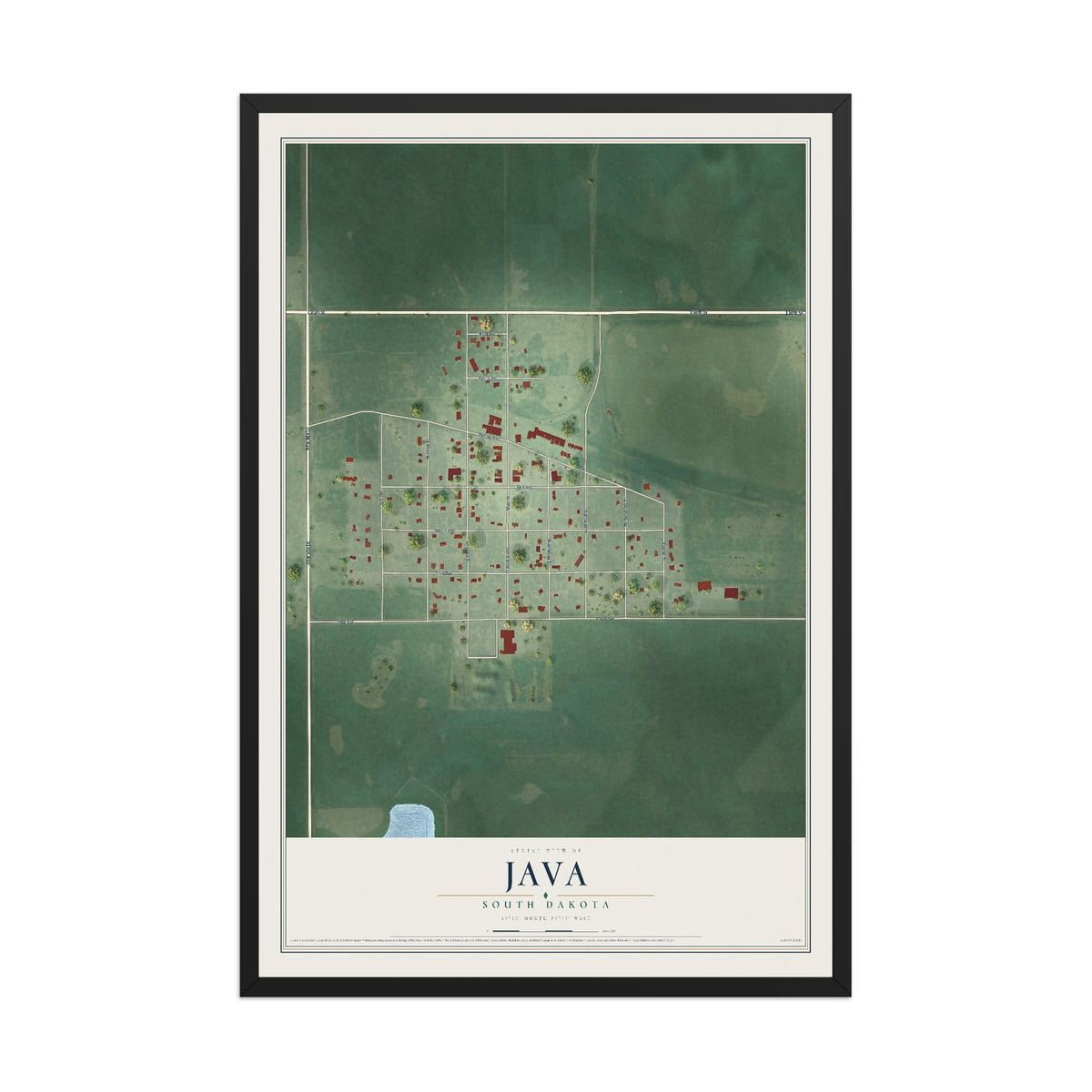 Map of Java, South Dakota, 12 x 18 inch print in a black wood frame