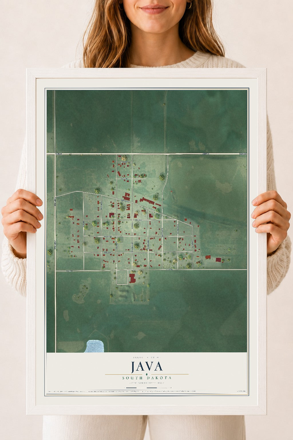 Map of Java, South Dakota, 18 x 24 inch print in a white wood frame