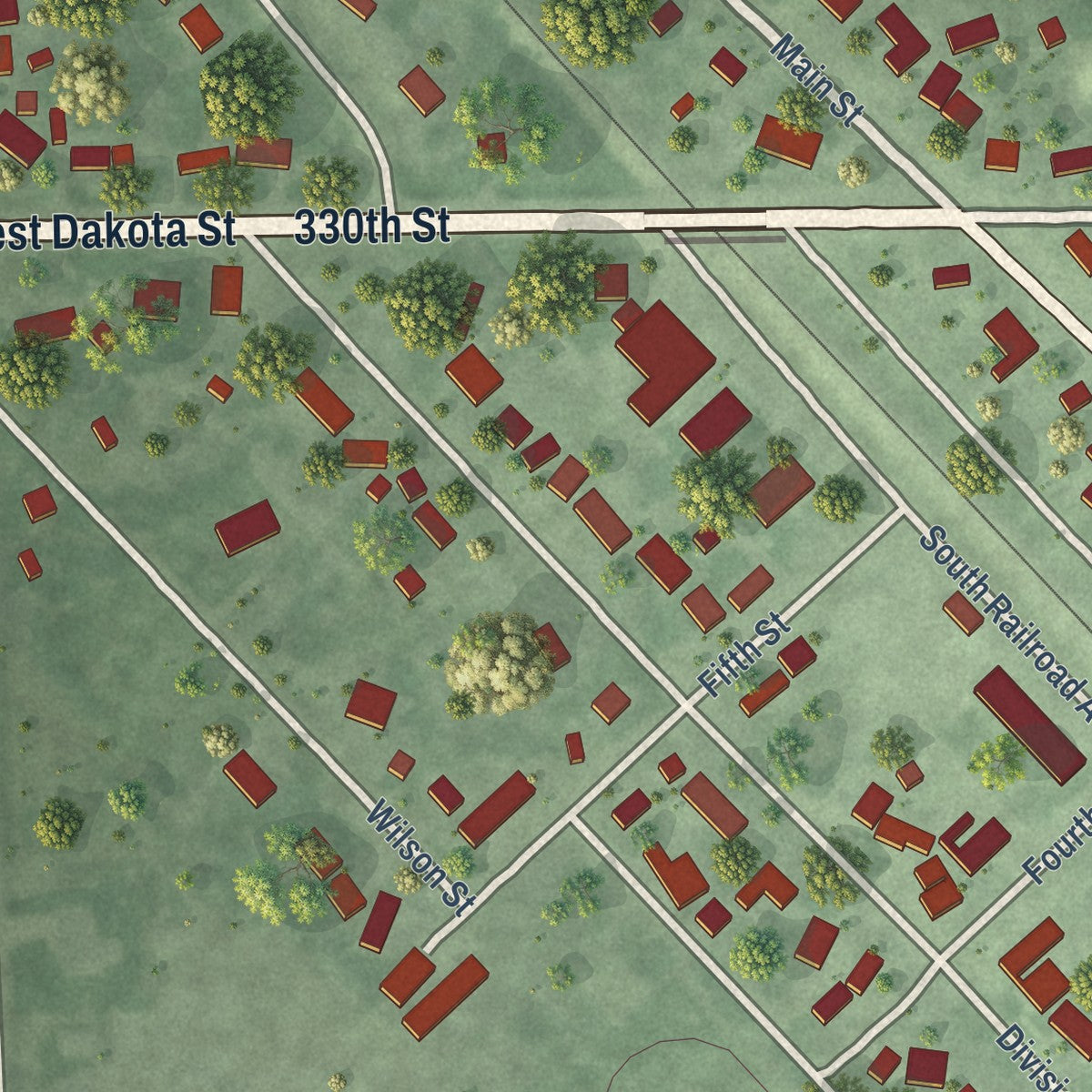 Close-up of the map of Jefferson, South Dakota print showing street and building detail