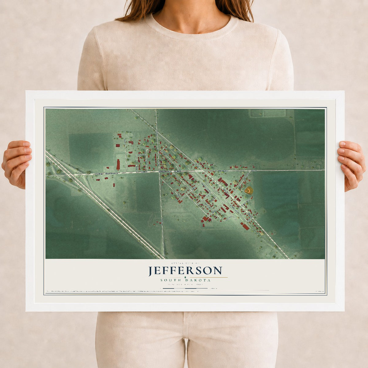Map of Jefferson, South Dakota, 12 x 18 inch print in a white wood frame