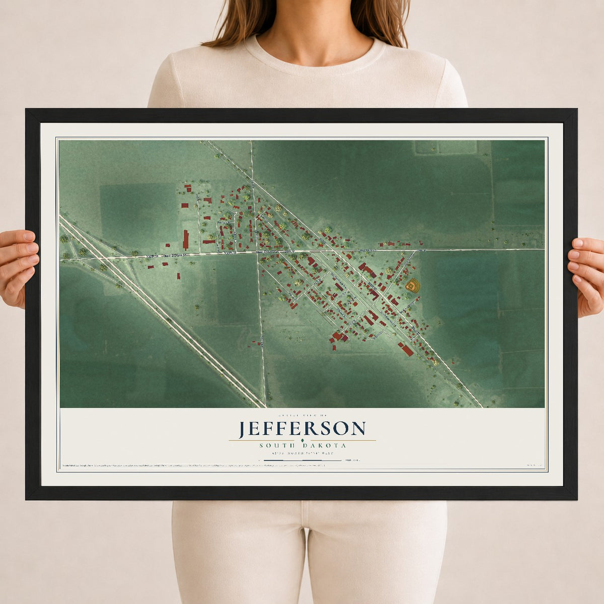 Map of Jefferson, South Dakota, 18 x 24 inch print in a black wood frame