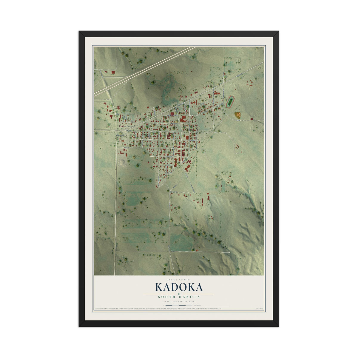 Map of Kadoka, South Dakota, 12 x 18 inch print in a black wood frame