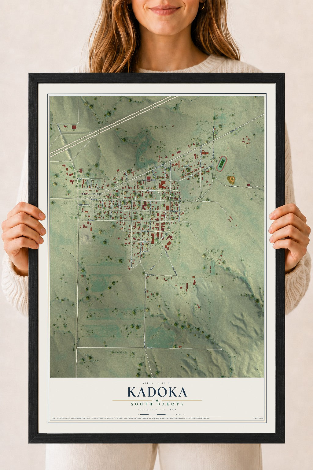 Map of Kadoka, South Dakota, 18 x 24 inch print in a black wood frame