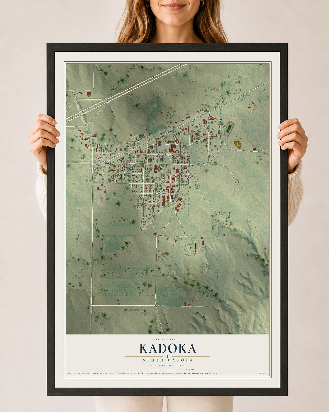 Map of Kadoka, South Dakota, 24 x 36 inch print in a black wood frame