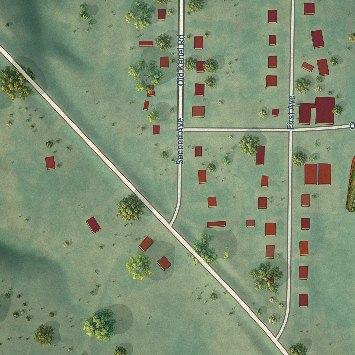 Close-up of the map of Kenel, South Dakota print showing street and building detail