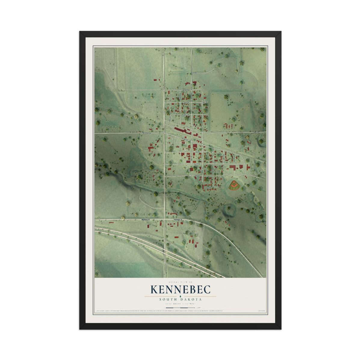 Map of Kennebec, South Dakota, 12 x 18 inch print in a black wood frame