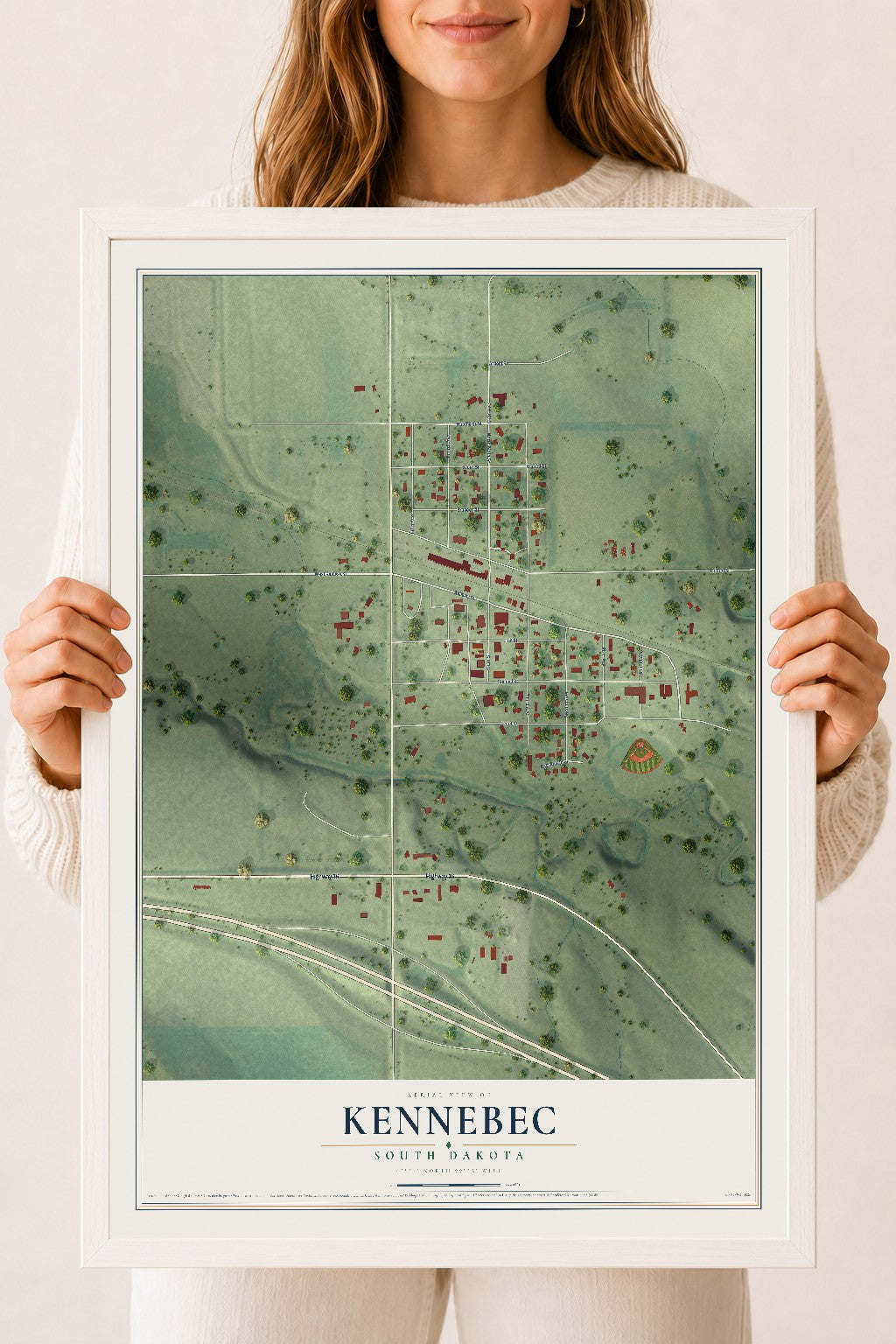 Map of Kennebec, South Dakota, 18 x 24 inch print in a white wood frame
