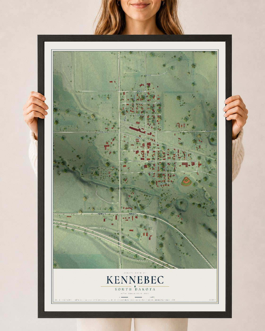 Map of Kennebec, South Dakota, 24 x 36 inch print in a black wood frame