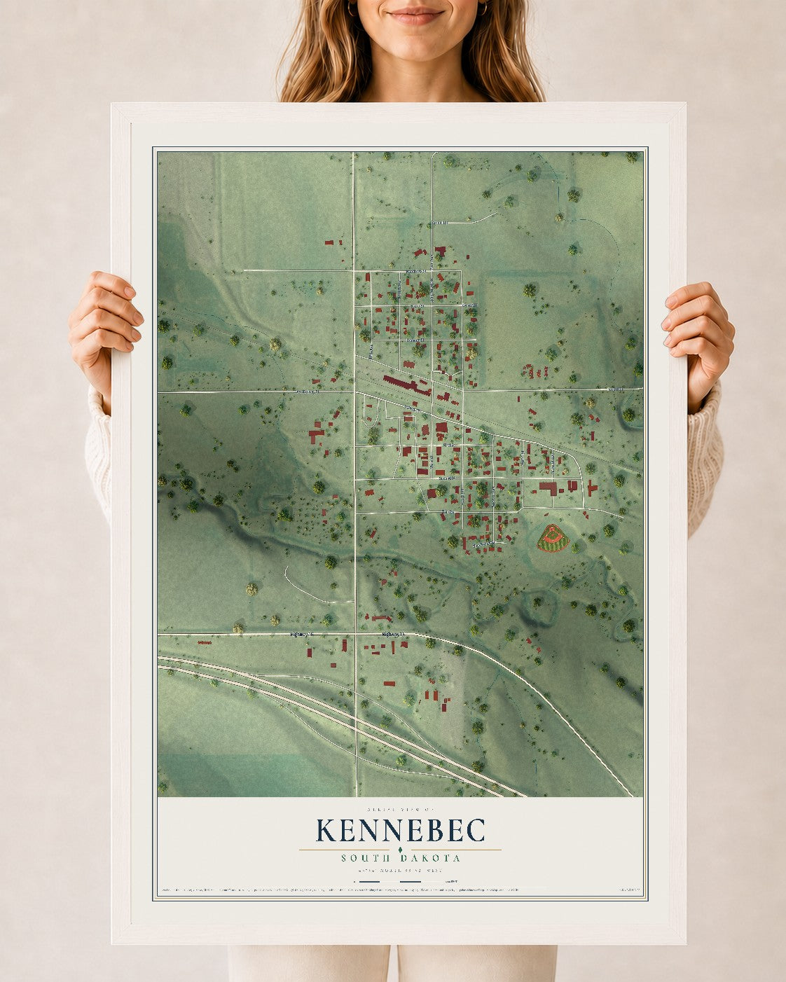 Map of Kennebec, South Dakota, 24 x 36 inch print in a white wood frame