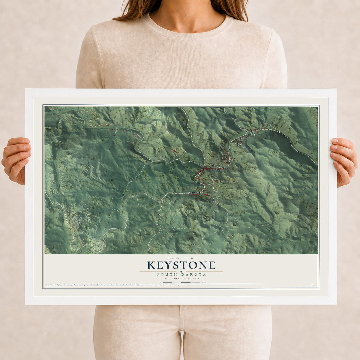 Map of Keystone, South Dakota, 12 x 18 inch print in a white wood frame