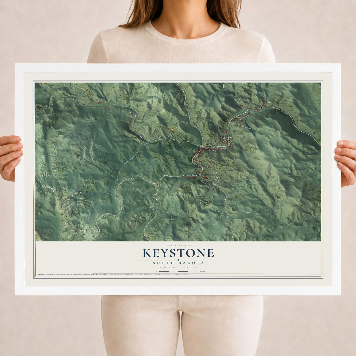 Map of Keystone, South Dakota, 18 x 24 inch print in a white wood frame