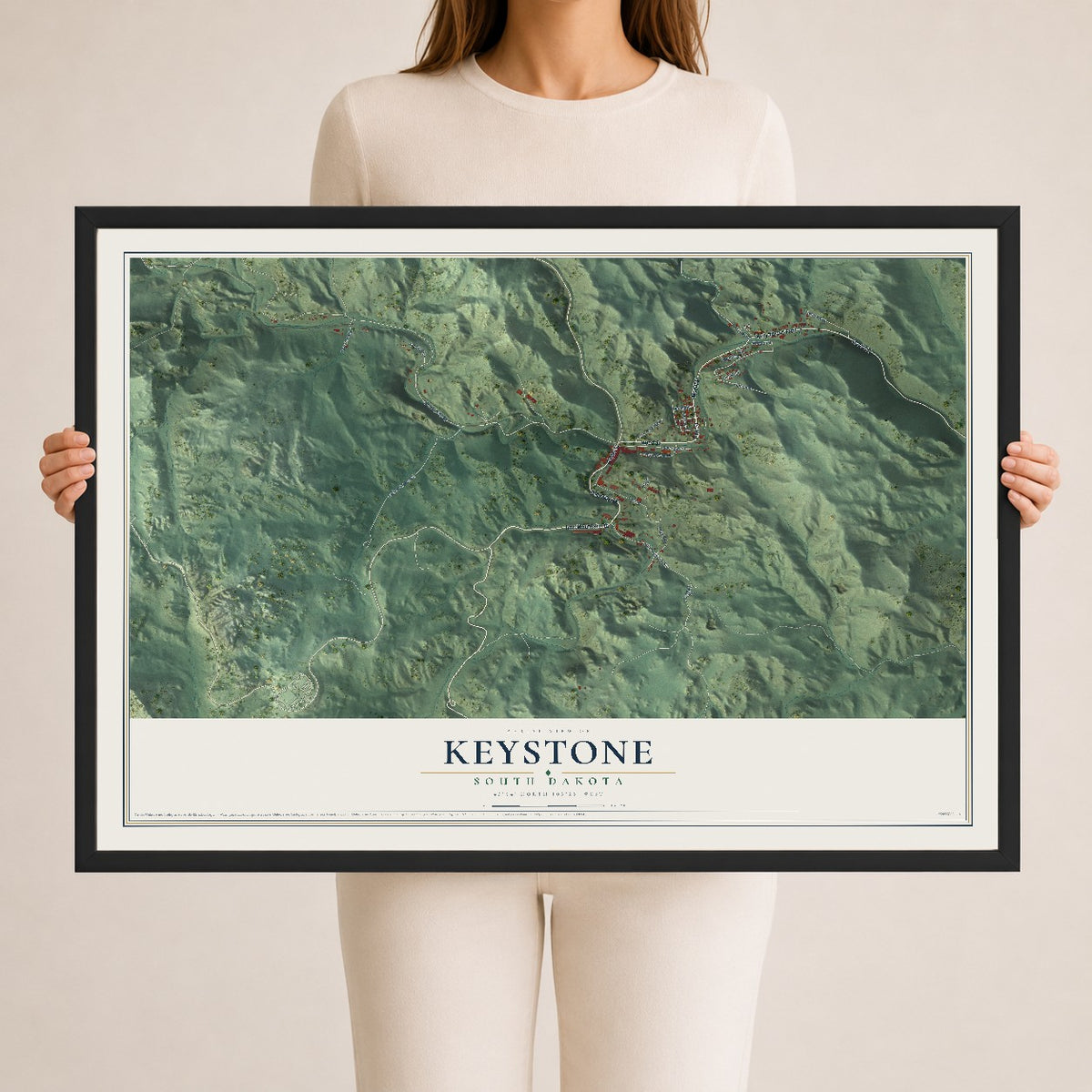 Map of Keystone, South Dakota, 24 x 36 inch print in a black wood frame
