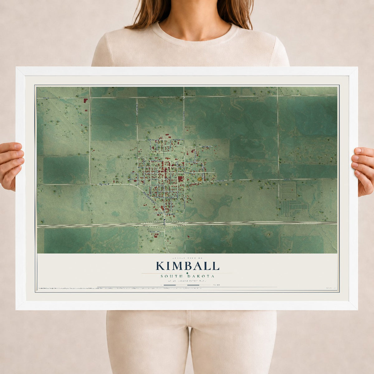 Map of Kimball, South Dakota, 18 x 24 inch print in a white wood frame