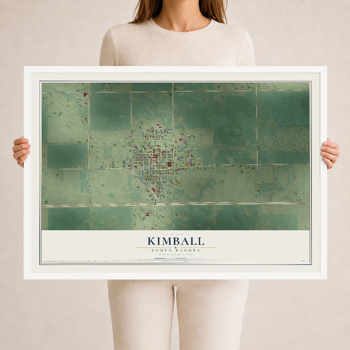 Map of Kimball, South Dakota, 24 x 36 inch print in a white wood frame