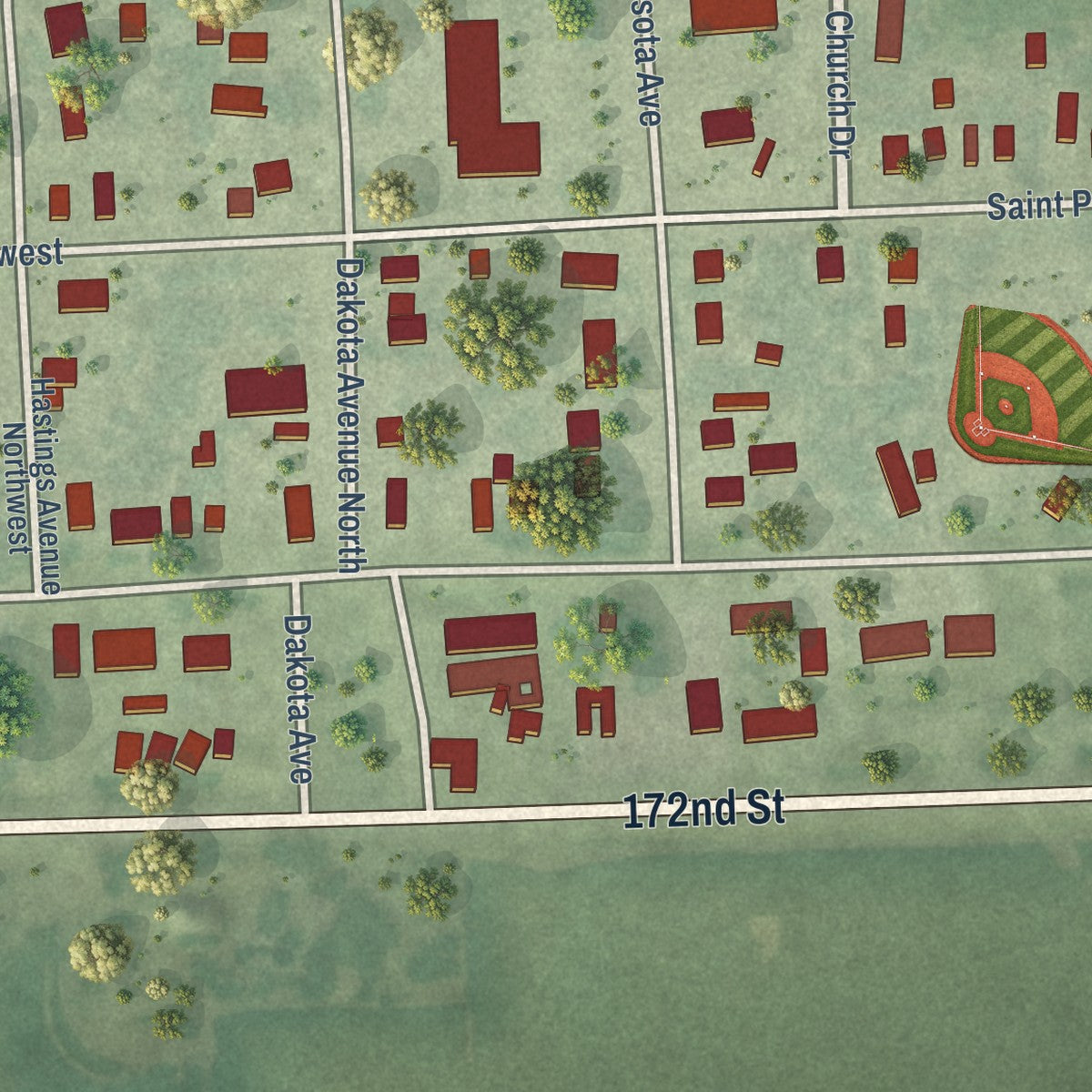 Close-up of the map of Kranzburg, South Dakota print showing street and building detail