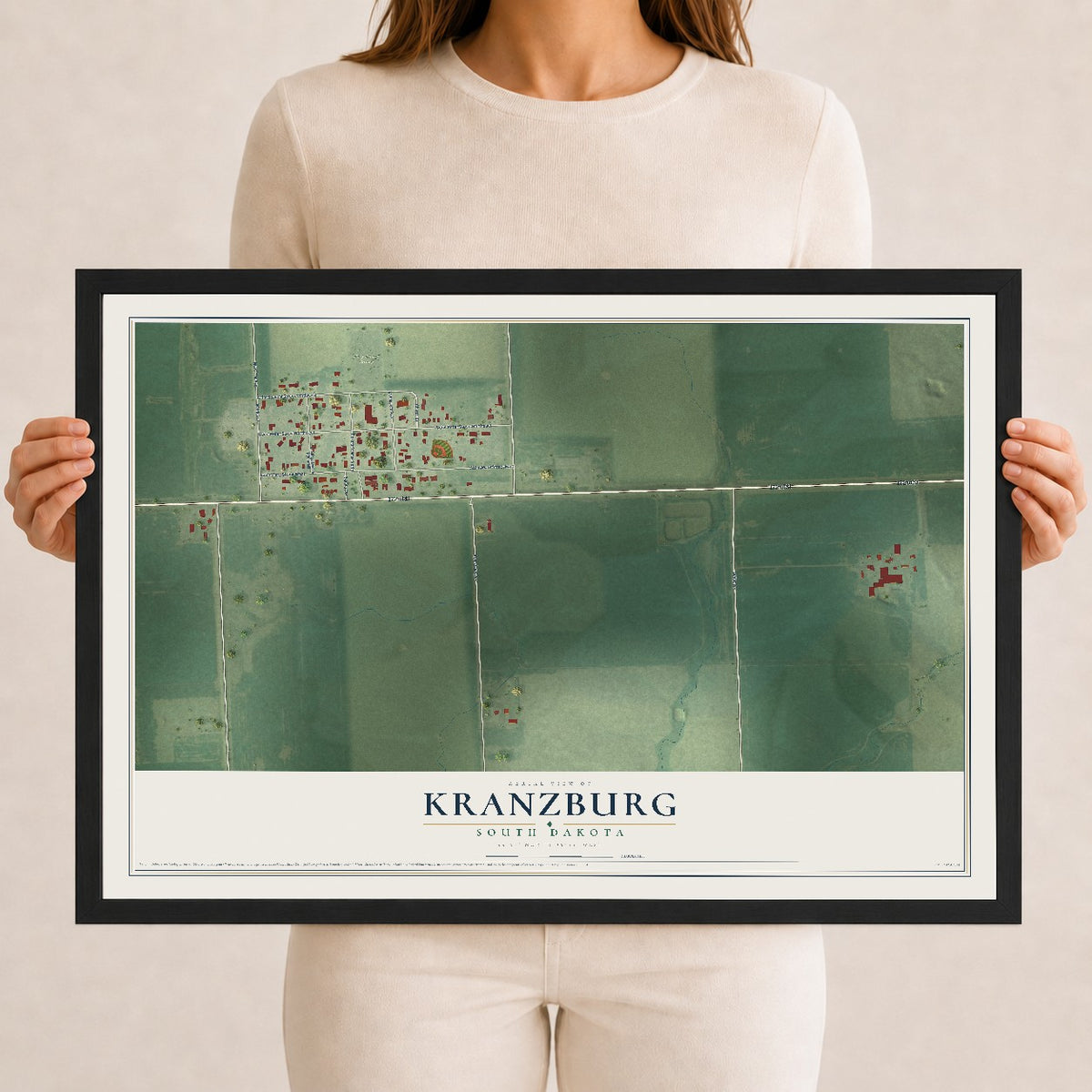Map of Kranzburg, South Dakota, 12 x 18 inch print in a black wood frame