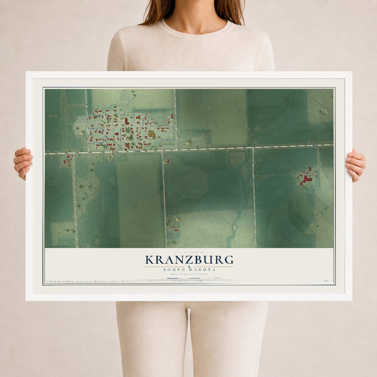 Map of Kranzburg, South Dakota, 24 x 36 inch print in a white wood frame