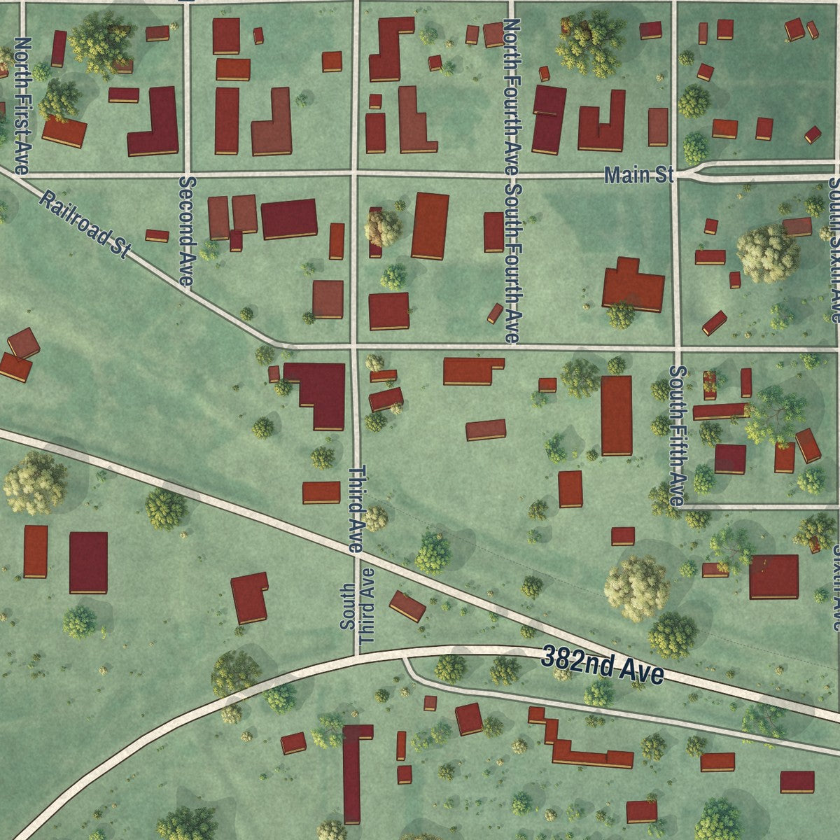Close-up of the map of Lake Andes, South Dakota print showing street and building detail