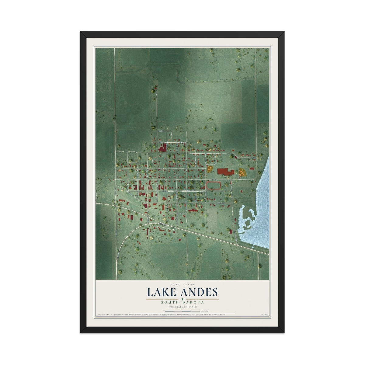 Map of Lake Andes, South Dakota, 12 x 18 inch print in a black wood frame